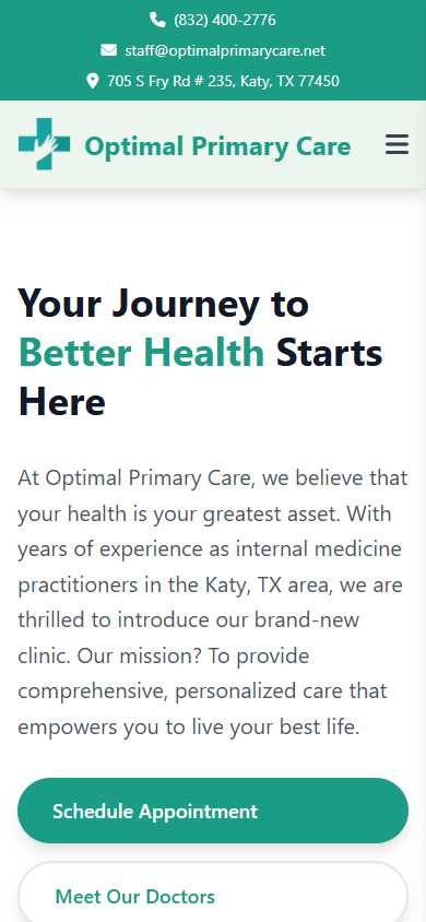 Optimal Primary Care mobile homepage with the clinic name, contact information, and appointment and physician links.